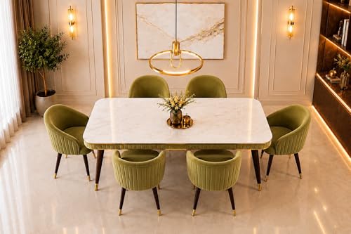 Image of WOODEN SPACE 6-Seater Wooden Dining Table Set | Nano Composite Marble Top | Solid Wood Base | Modern Dining Room Furniture with 6 Chairs (Light Green)