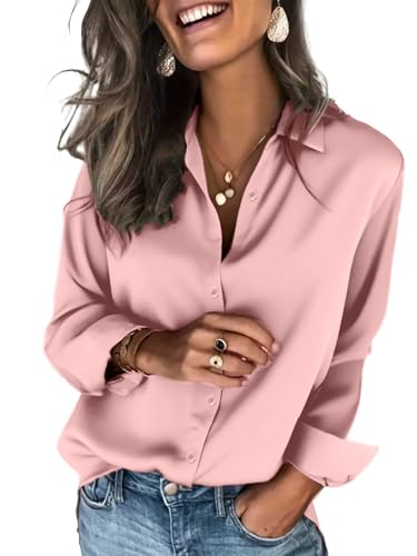 Zeagoo Camisas Mujer Elegante Manga Larga de Satén Blusa sin Botones Cuello en V Camiseta Sólido Tops Suelta de Oficina Casual Shirt Rosa XL