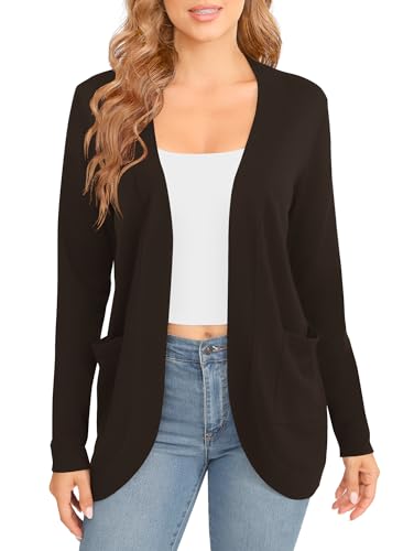 Image of EXCHIC Women's Long Sleeve Lightweight Knit Sweater Cardigan Curved Hem Open Front Cardigans with Pockets