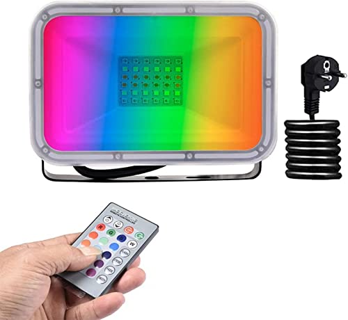 Honganrunli Foco LED RGB con enchufe de la UE 30 W, LED RGB con mando a distancia, 16 colores 4 modos LED luz de inundación IP67 resistente al agua para jardín, Navidad, decoración de fiesta, interior Cover