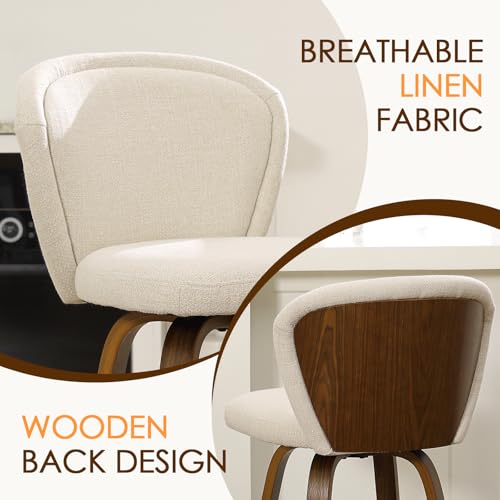 Image of HNY Swivel Counter Height Bar Stools Set of 4, 26 Inch Barstools with Walnut Wooden Leg and Back, Modern Linen Upholstered Counter Stools for Kitchen Island, Beige