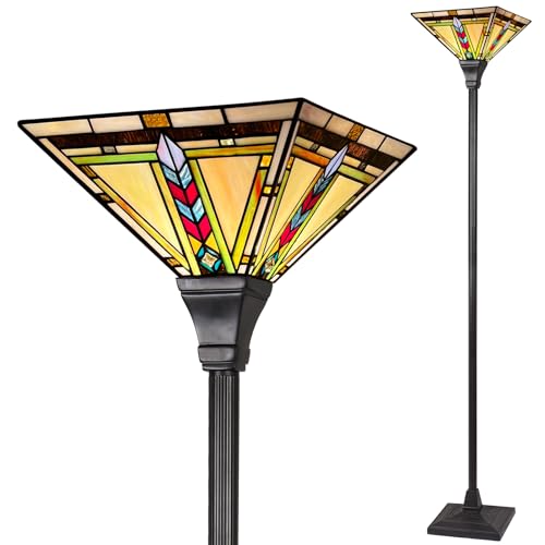 Capulina 4351TF Tiffany Torchiere Floor Lamp, 70 Inches Tall Industrial Bronze Pole Firecracker Mission Style Stained Glass Torch Standing Light cover