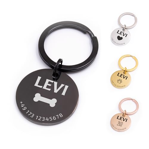 FELLSOCKE Personalisierte Hundemarke aus Edelstahl - 25mm | 30mm | 35mm, Individuell gravierbar, Robuste Tiermarke, Dogtag Anhänger Hunde, Pferde, Katzen & Welpen (Schwarz, 25 mm)