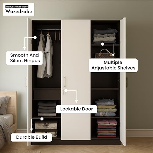 Image of Callas 3 Door Wooden Wardrobe for Bedroom | Engineered Wood Almirah with Hanging Rod, Lockable Door & Drawer, |1 Year Warranty with Free Installation