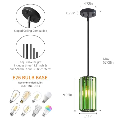 Image of Modern Crystal Pendant Light Mini Dark Green Chandeliers Adjustable Pendant Lights Fixture for Kitchen Island Dinning Room Corridor Bedroom(Dark Green 2-Pack)