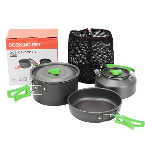 TIKHJ キャンプ用品 調理器具 鍋セット ステンレス やかん アウトドア 食器セット コンパクト 登山 防災 (グリーン)