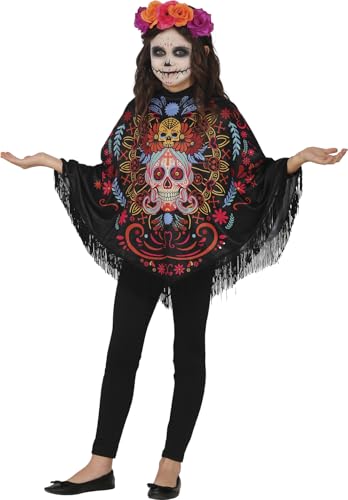 FIESTAS GUIRCA | Disfarce Dia dos Mortos poncho infantil (7-9 / anos) - poncho para meninas - disfarces de Halloween, carnaval e festas de disfarces - ideal para celebrações de animais - preto