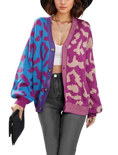 Image of TERIVEEK Leopard Cardigan for Women Oversized Color Block Checkered Sweater Button Front Long Sleeve Casual Knit Outwear