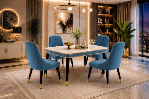 Image of WOODEN SPACE 4 Seater Wooden Dining Table Set | Urban Marble Top Dining Table with Chairs for Dining Room & Kitchen (Modern Vento Blue) (54 x 36 x 30 inch)