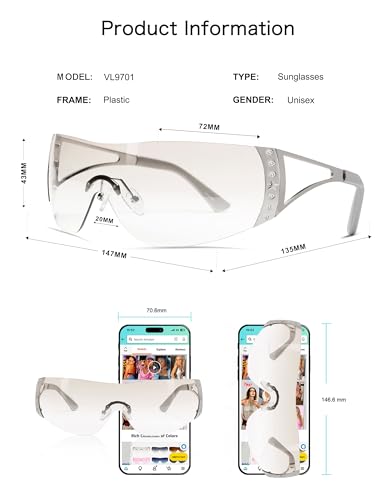 VANLINKER Oversized Wrap Around Y2K Sunglasses for Women Men Trendy Futuristic Sun Glasses Fashion Shield Flat Top Shades3