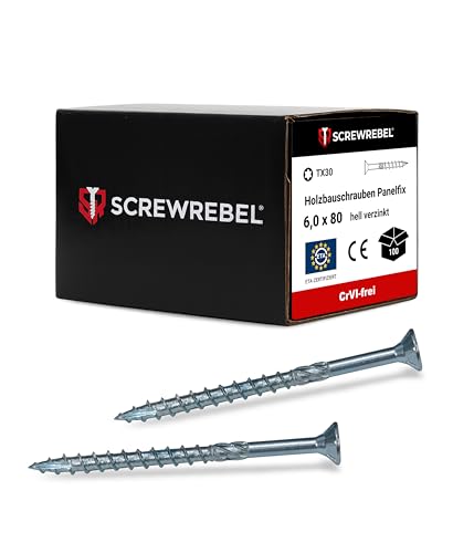 SCREW REBEL® Holzbauschrauben 6,0x80 mm [100 Stück] – Spanplattenschrauben hell verzinkt mit Reibteil & Cut-Spitze – TX30 Antrieb – Holzschrauben mit ETA-Zulassung – CrVI-frei & korrosionsbeständig