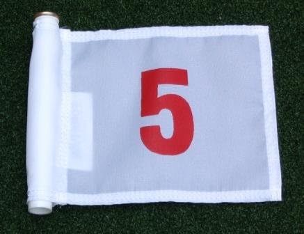Set of Red Numbered #1, #2, #3, #4, and #5 each printed on a solid White Jr. (8" L x 6" H) 400 Denier Pin Marker Flag For Golf & Putting Green Applications