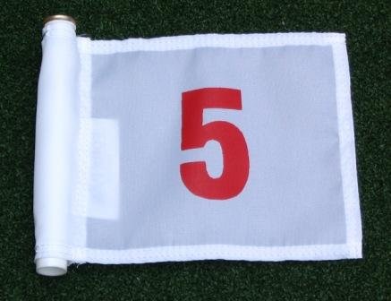 Set Of Red Numbered #1, 2, 3, 4, And #5 Each Printed On A Solid White Jr. (8" L X 6" H) 400 Denier Pin Marker Flag For Golf & Putting Green Applications #TOP5