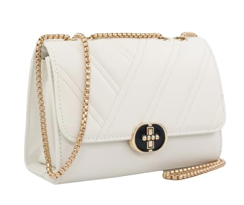 PORT&LOTUS Women's Shoulder Bag with Golden Chain Strap Quilted White