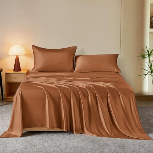 THXSILK Mulberry Silk Full Bed Sheets Set 4 Pieces, Brown