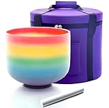 Siceeoly Singing Bowl 8 inch C Note 432hz Rainbow Color Root Chakra Colored Quartz Frosted Crystal Meditation Bowl Yoga Music Instrument with Carrying Case Suede Mallet O-ring