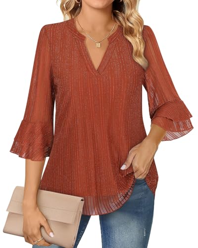 Akiooue Blusas para mujer, manga acampanada 3/4, estilo túnica, casual, elegante, cuello en V, doble capa, blusa de trabajo de gasa S-3XL, caramelo, S