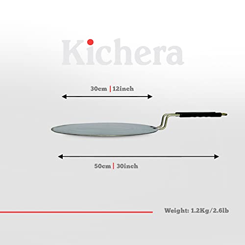 Image of Kichera Traditional Iron Dosa Kal /Tawa With Stainless Steel Handle 30cm /12 inch, 1.2 kg | Gas Stove and Induction Friendly | Pre-Seasoned Black Flat Tawa