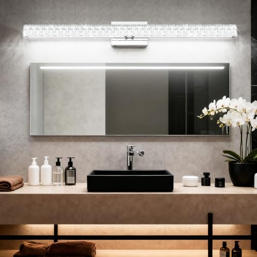 Image of SOLFART LED Modern Bathroom Vanity Lights Over Mirror, Crystal Bathroom Light Fixtures, 40 Inch LED Chrome Vanity Light Wall Light