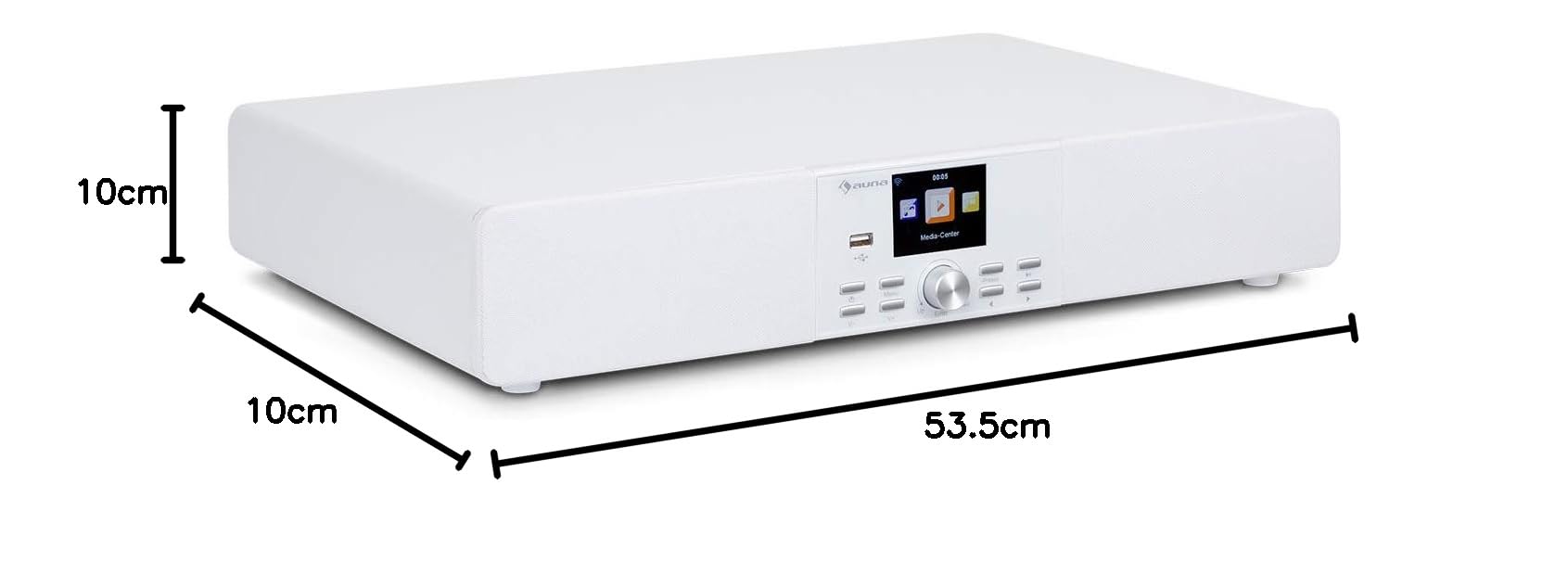 AUNA Stealth Base - Connect Soundbase, 2x15 W + 30 W RMS, Radio Web/DAB+/FM, Bluetooth, AirMusic Control App, Display LC da 2,8", Porta USB, Ingresso Line, Bianco