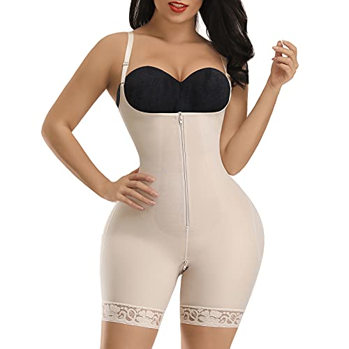 FeelinGirl Shapewear for Women Tummy Control Fajas Butt Lifter Open Bust Bodysuit Zipper Shapewear Full Body Shaper Beige L