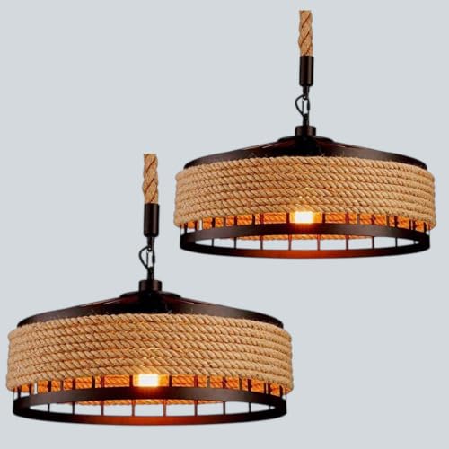 Image of Rustic Hanging Light for Home Industrial Metal & Natural Rope Pendant Light, Farmhouse Ceiling Hanging Lamp, (Bulb not Included), Pack of 2