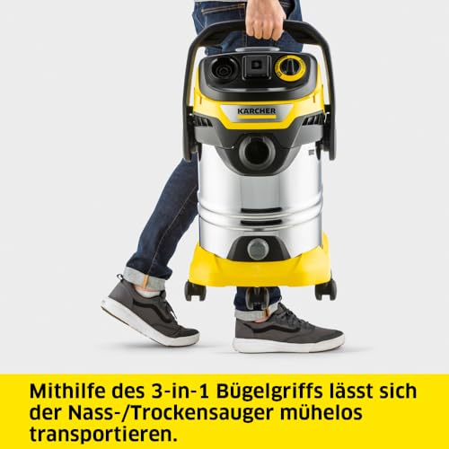 Kärcher Nass-/Trockensauger WD 6 P S V-30/6/22/T, inkl. Steckdose, Flachfaltenfilter, patentierter Filterbox, Filterreinigung, 1.300 W, Edelstahlbehälter: 30 l & Ablassschraube, Saugschlauch: 2,2 m