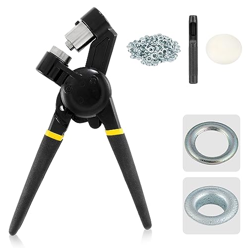 Dyna-Living Kit di punzonatura per occhielli con pinza a mano con 500 occhielli antiruggine argento con perforatore nero da 10 mm, manuale portatile in metallo per cinture, artigianato, poster in