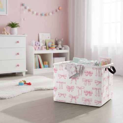 Image of Rectangular Kids Basket Baby Girl Basket Fabric Storage Bin Organizer Box Room Decor(Beautiful Bowknot)