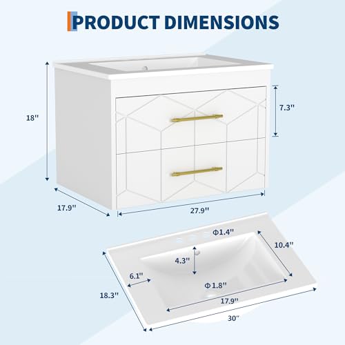 IDEALHOUSE Floating Bathroom Vanity with Sink 30 inch, Modern Bathroom Sink Cabinet, Ceramic Vanity Top, 2 Large Storage Drawers with Gold Metal Handle, Easy to Assembly, White by IDEALHOUSE - Image 2