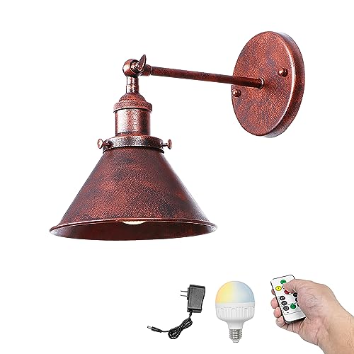 Image of Kiven Battery Operated Wall Sconces 1-Light,Vintage Wall Lights with Rechargeable Bulb,Dimmable Wall Lighting Fixtures for Painting Bedside Vanity Desk, Rusty Red Finish
