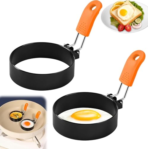 2 moldes para huevos fritos de acero inoxidable, 9 cm, molde para huevos escalfados, revestimiento antiadherente, moldes para huevos fritos para la sartén con asas plegables, con cepillo de silicona