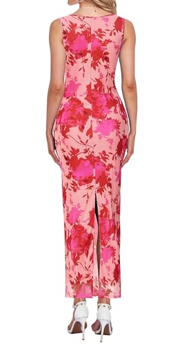 OutfitShow Womens Summer Bodycon Maxi Dresses 2026 Floral Sleeveless Slit Mesh Cocktail Wedding Guest Tank Dress, Pink Floral M — view 4