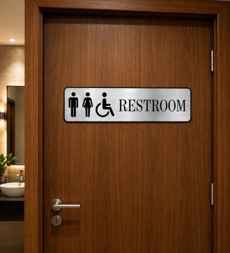 Image of Premium Brushed Silver Acrylic Unisex Restroom Door Sign 10 x 3 Inch | Self-Adhesive Washroom Signage for Hotel, Office, Corporate, Business, Resort, Society, Hospital & Commercial Spaces
