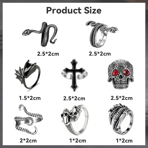 yolzhxe 8 Stück Vintage Punk Ringe, Herren Verstellbar Gothic Ringe Set, Kreuz, Totenkopf, Dragon Claws und Schlange Offener Ring, Totenkopf Herrenringe Set, für Karneval, Mottoparty, Halloween