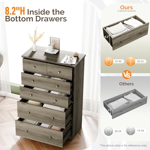 Image of VINGLI Tall Dresser, Rustic Grey Dresser 6 Drawer Chest of Drawers, Wood Gray Dressers for Bedroom, Hallway, Home Office, 31.5 inch W x 15.75 inch D x 47.64 inch H