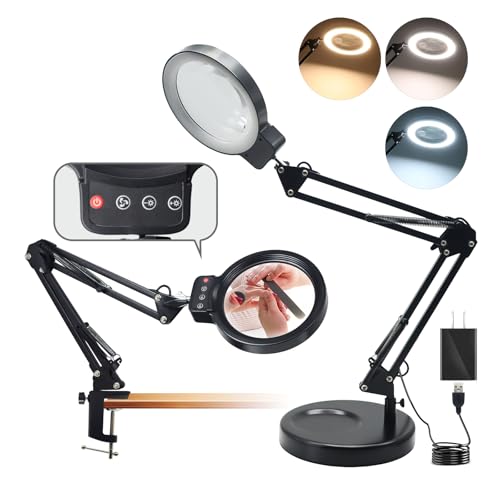 10X/20X Magnifying Glass with Light and Stand LED Desk Magnifying lamp with Base and Clamp 3 Color Mode 10 Dimmable Levels Desktop Magnifier Crafts Jewelry Sewing Close Work (Black)