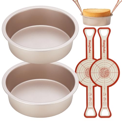 HONGBAKE 8 Inch Round Cake Pan Set for Baking with 2 Pcs Silicone Baking Sling Mats, Nonstick Circle Cake Pans Set of 2, 2.5' Deeper Layer Cake Tin for Oven, Cheesecake Mold, Huty Duty, Golden