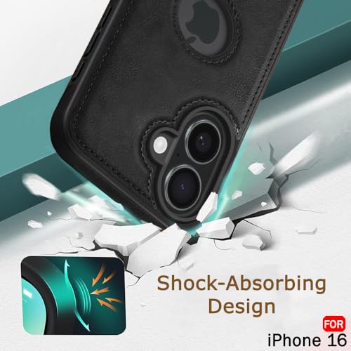 Image of TheGiftKart Genuine Leather Finish Back Cover Case for iPhone 16 | Shockproof Design | Raised Edges for Camera & Screen Protection | Stunning Minimalist Design Back Case Cover (Black Sides, Black)