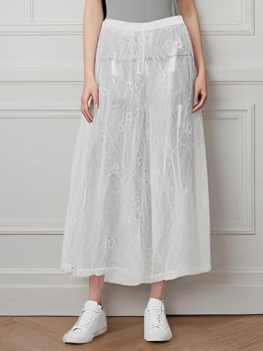Women's High Waist Straight Pants Casual See Through Lace Wide Leg Trousers