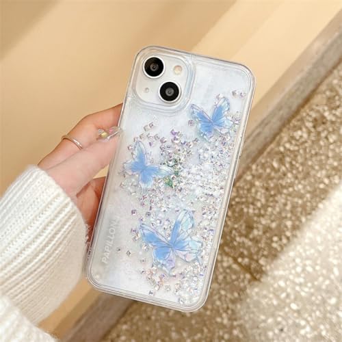Coque iPhone 14 Pro Max Papillon Paillettes avec Strass et Silicone Étoilé Bleu