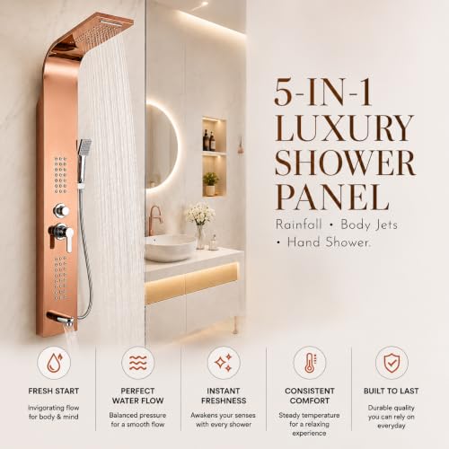 Image of ZeeCry Shower Panel Thermostate Stainless Steel 5 in One, Tower System, Rainfall Shower, Body Massage Spray, 3 Function Hand Shower (Rose Gold)
