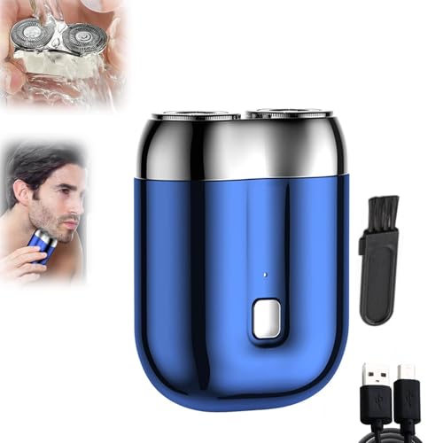 新型ミニデュアルヘッド電気シェーバー、ミニデュアルヘッド電動カミソリ、ミニポータブル電気シェーバー、ダブルヘッドカミソリ、男性用ミニカミソリ、ポケットサイズ洗える電気カミソリ(ブルー)