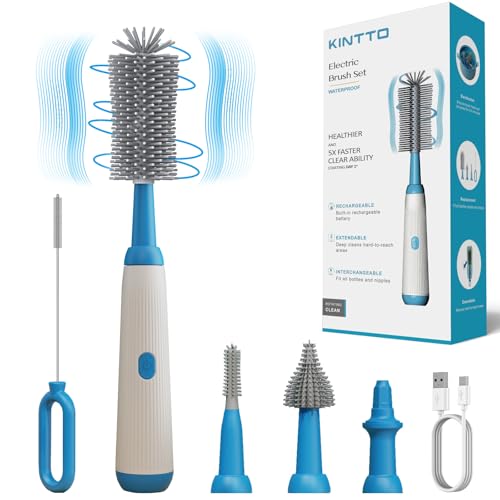 Image of KINTTO Electric Bottle Brush Cleaner with Rechargeable, Cleaning for Baby/Water/Wine/Thermos Bottles, Waterproof 2 Nipple and Straw Silicone Brush 1500mAh