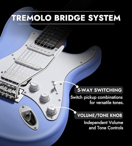 Tostar Beginner Electric Guitar, Solid Body, 39" Full Size Strat Style with HSS Pickups, 5-Way Switch, Tremolo Bridge, Maple Neck & Tectona Fretboard, Ideal for Beginners and Gifting, Blue — view 4
