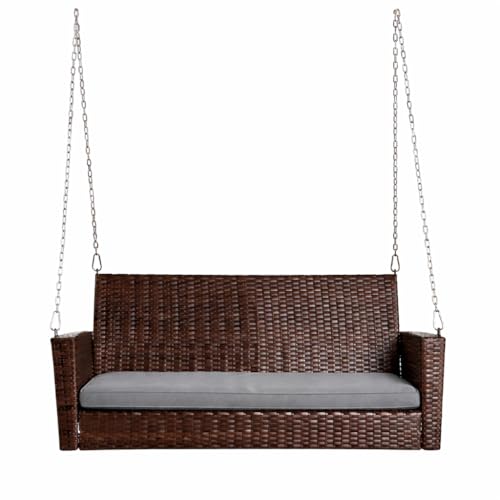 Image of Carry Bird Rattan Wicker Two Seater Swings with Cushion, Brown, 120x60x60 cm, Garden Porch Hammock for Adults (Grey Cushion, 2 Seater Prouch Swing, Leather Brown Prouch Swing)