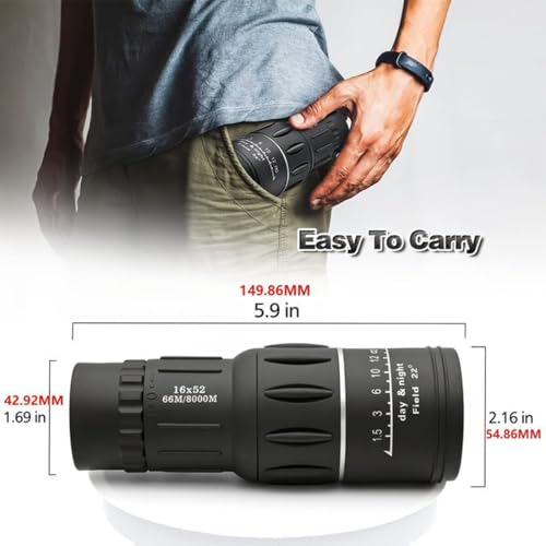 Image of BushnailPro 16 x 52 Monocular with 10x Zoom BAK4 Lens Manual Focus for Bird Watching, Trekking Outdoor Activities with Travel Pouch, Laniyard & Cleaning Cloth