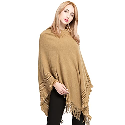 DT DANTIYA Women's Hooded Cape Ponchos Shawls Knitted Wrap Coats with Fringed Hem (Khaki)