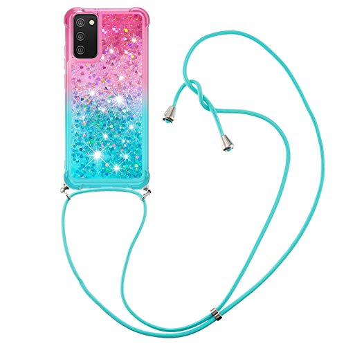 YAMCCCSE Custodia per Samsung Galaxy A02s con Cordino Glitter Bling Liquido Cover Sparkly Protettivo Morbido Brillantini Quicksand Cellulare Custodie con Cordoncino Case & rosa silicone tpu blu