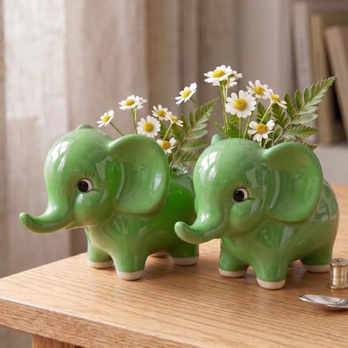 Image of Ceramic Elephant Succulent Planter Pots - Set of 2, Green Glossy Flower Pots for Indoor Home Decor, Office Desk, Balcony & Gifting (Plants Not Included)